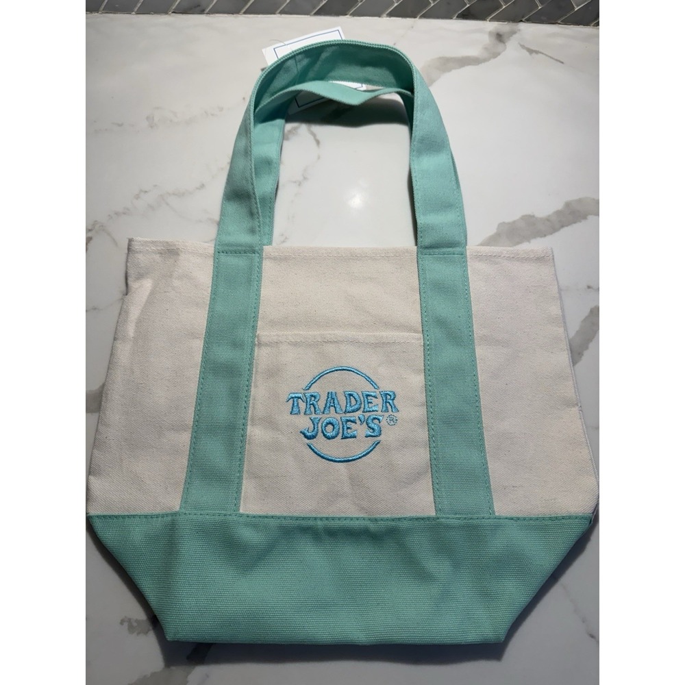 Trader Joes Mini Pastel Canvas Tote Bag Mint Green Easter Egg Hunt Basket NWT!